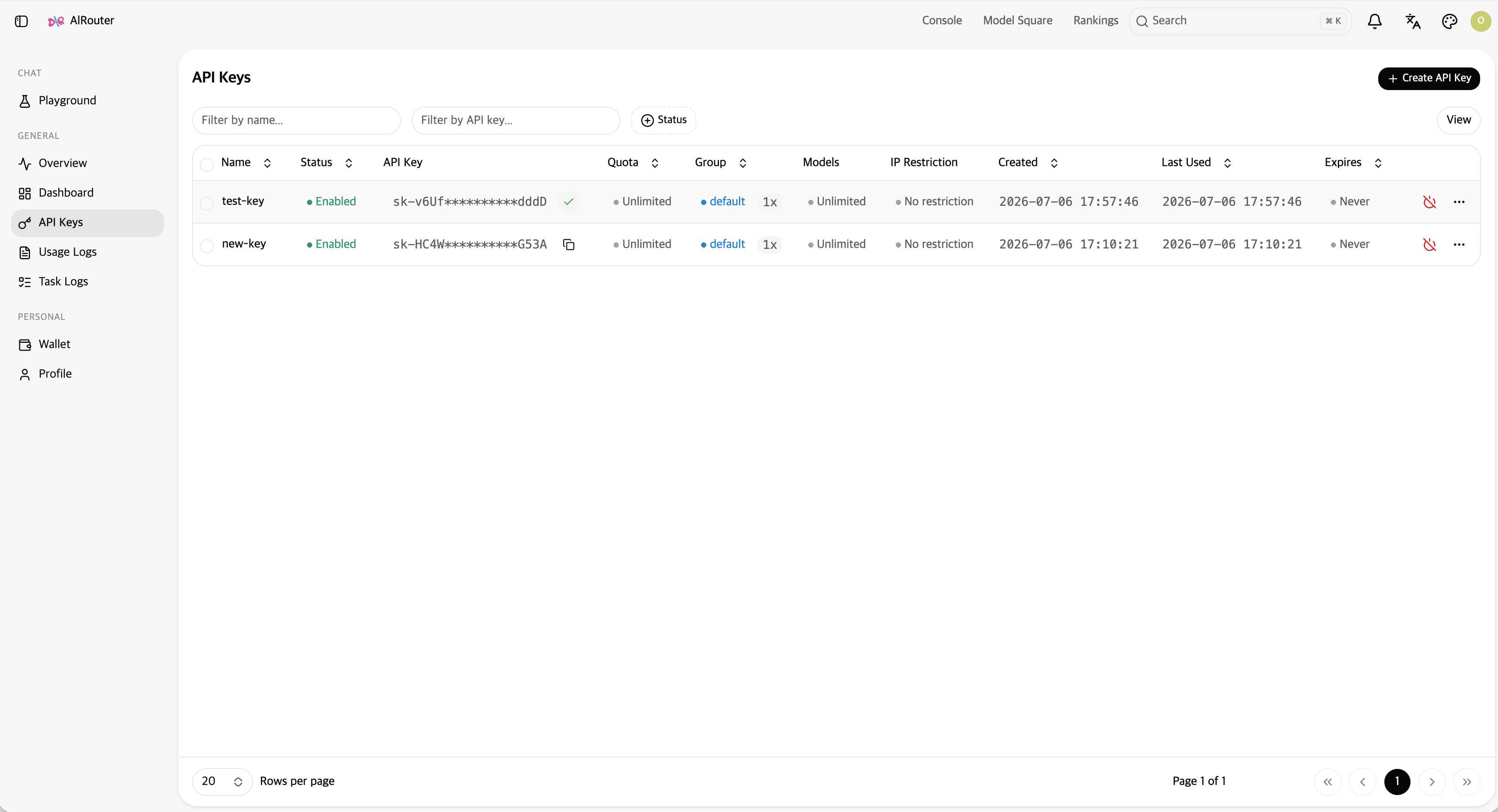 Copying the generated API key